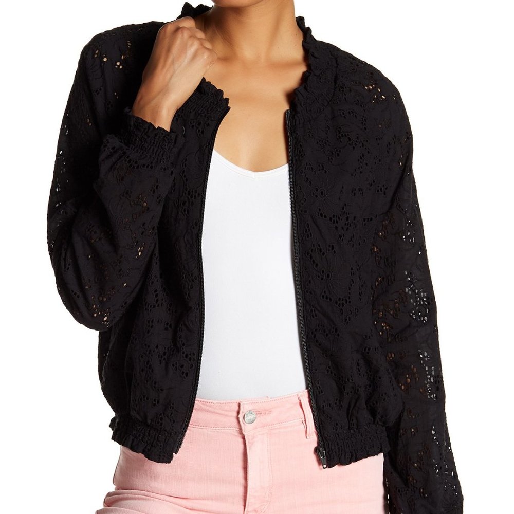 Sanctuary New IN BLOOM Eyelet Bomber Zip-Up Jacket XL Womens Topper Cotton BLACK - Picture 4 of 16